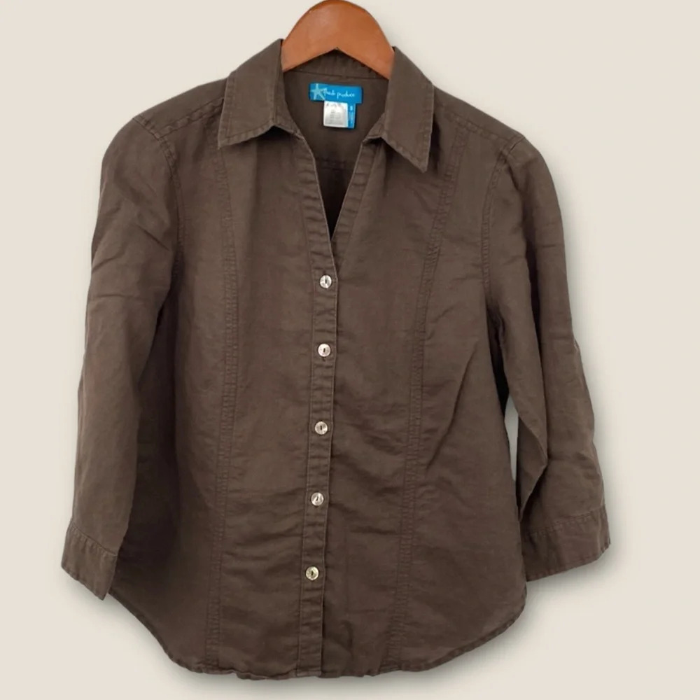 Fresh Produce Top Women’s size Small Brown Linen‎ Button Up Tabbed 3/4 Sleeve